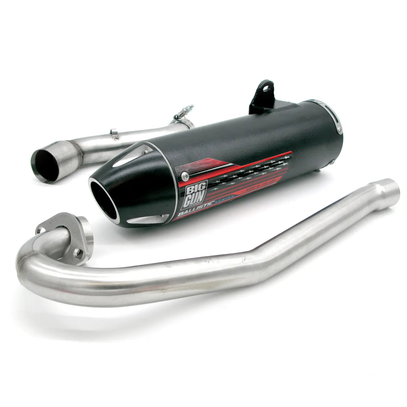 A Big Gun Ballistic exhaust system consisting of a black muffler with red graphics, a mid-pipe, a Header pipe and a black powder-coated stainless steel end tip.