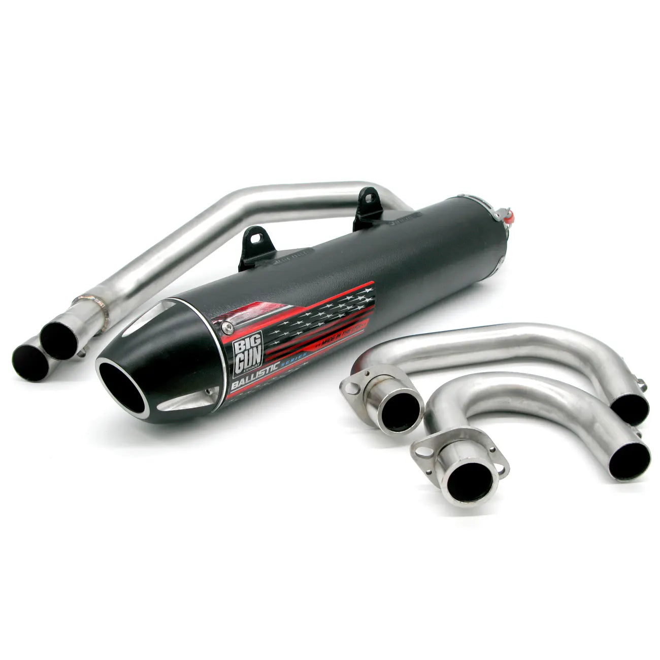 A Big Gun Ballistic exhaust system consisting of a black muffler with red graphics, a mid-pipe, a Header pipe and a black powder-coated stainless steel end tip.