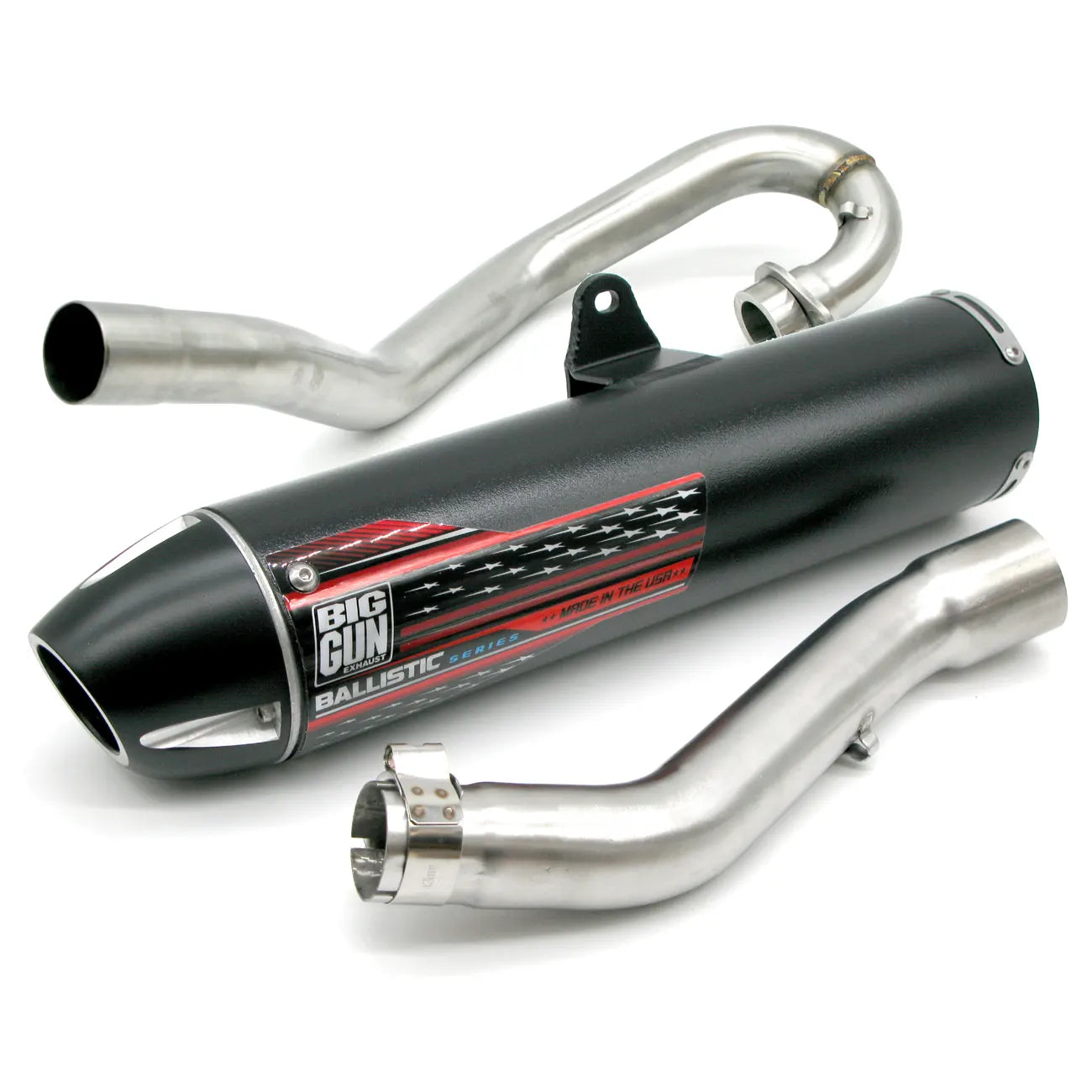 A Big Gun Ballistic exhaust system consisting of a black muffler with red graphics, a mid-pipe, a Header pipe and a black powder-coated stainless steel end tip.