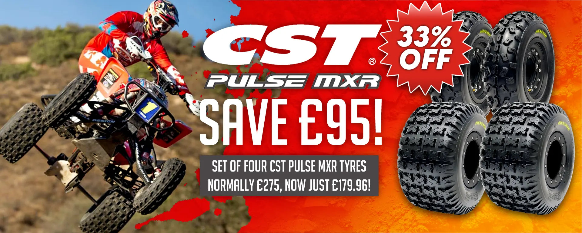 Advertisement for CST Pulse MXR tires with promotional text on a red background