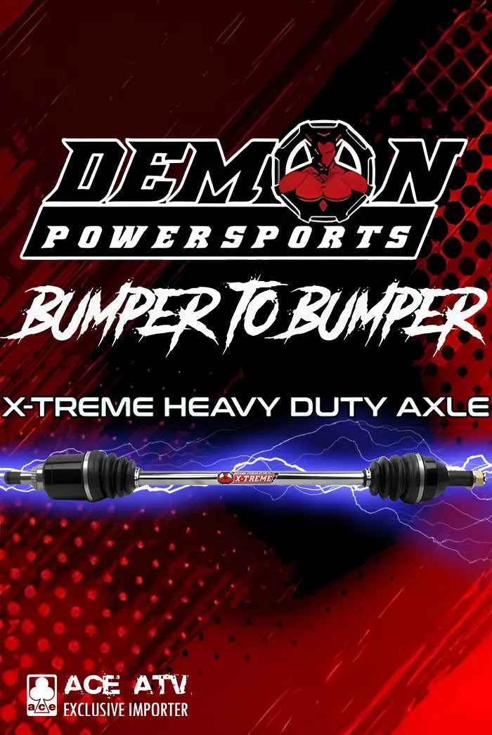 Advertisement for Demon Powersports extreme heavy-duty axle with brand logo and text on a red and black background.