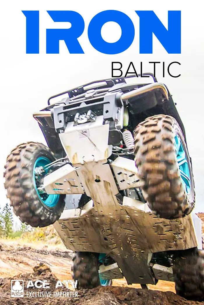 Off-road vehicle performing a jump with 'IRON BALTIC' branding and 'ACE ATV' logo.