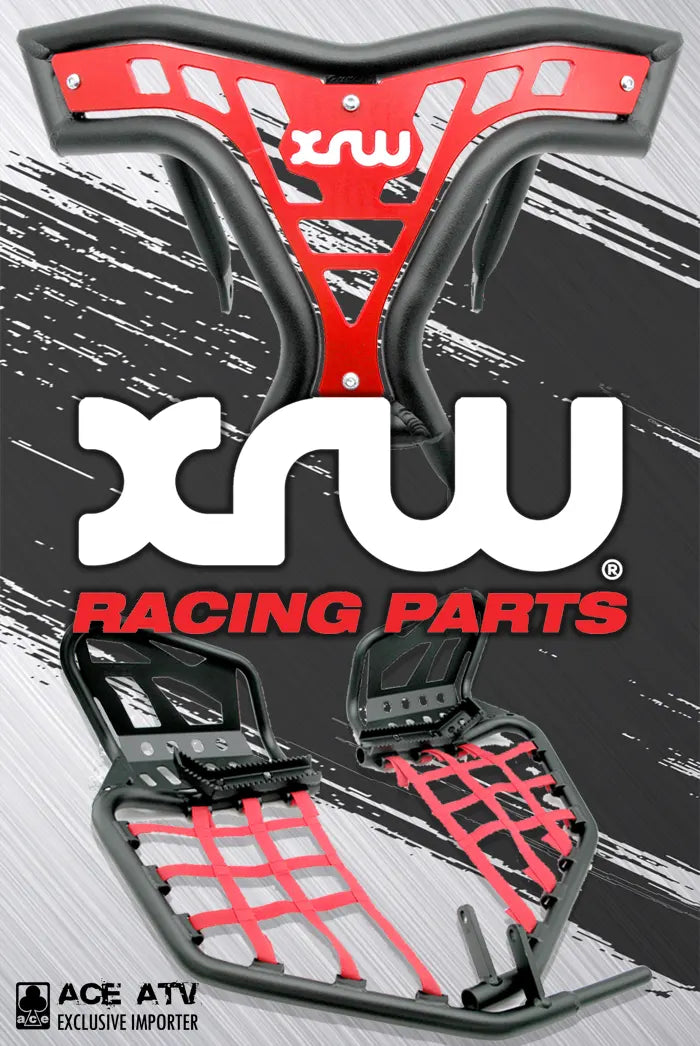 Red and black XRW racing parts with branding on a gray background