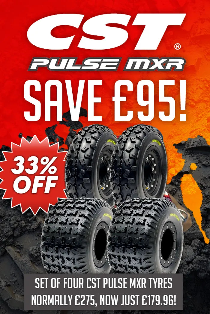 Advertisement for CST Pulse MXR tires with promotional text on a red background