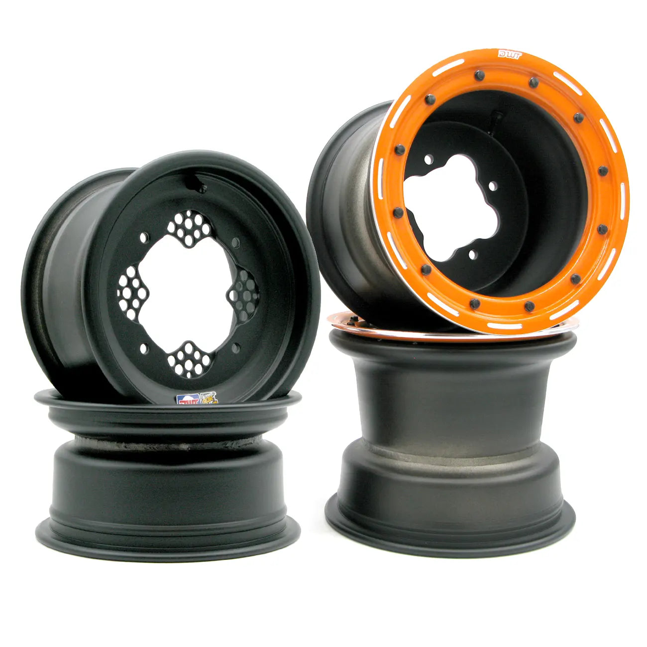 Douglas Wheel Technology G3 & ROK OUT set of four wheels with orange bead lock rings on a white background