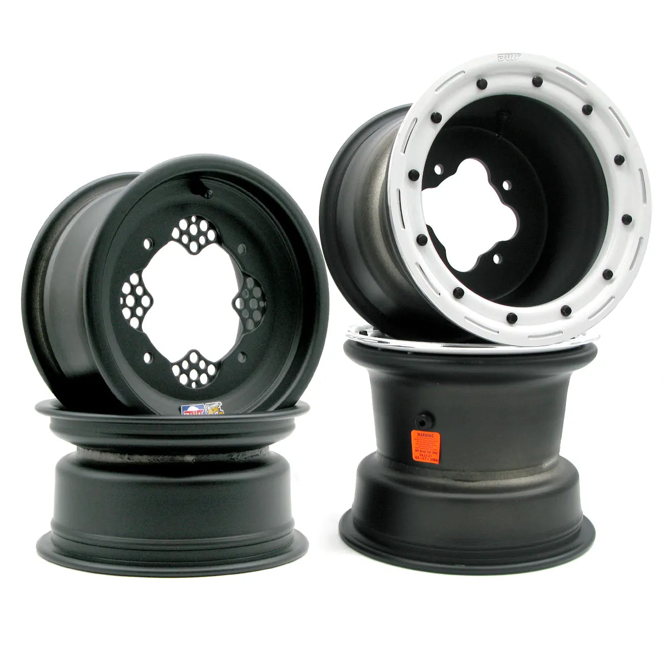 Douglas Wheel Technology G3 & ROK OUT set of four wheels with white bead lock rings on a white background