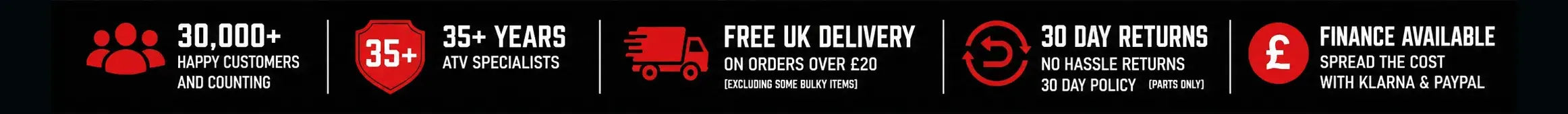 ACE ATV trust banner showing 30,000+ happy customers, 35+ years of ATV expertise, free UK delivery on orders over £20, 30-day returns and finance available.